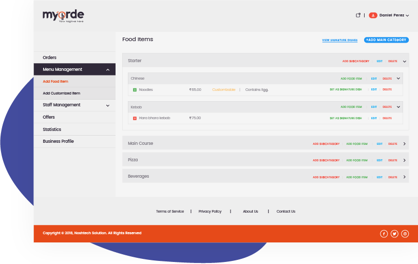 Restaurant/Business Owner Side Web Interface for Zomato like App